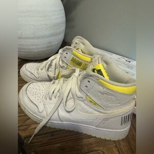 Nike White and Yellow Air Jordan 1 Mid with Barcode Heel Detail